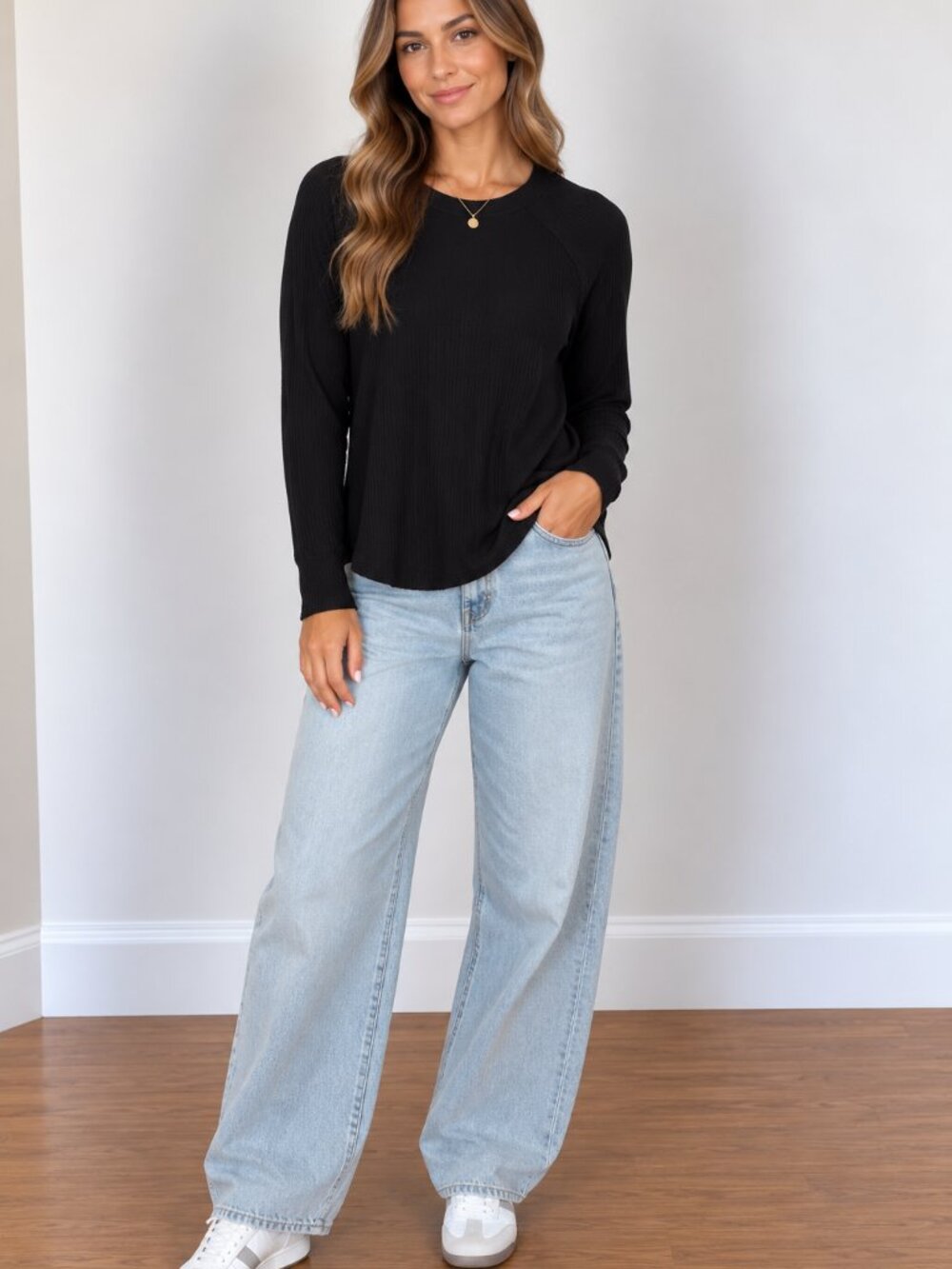 Zara Black Ribbed Long-Sleeve Crewneck Top - Slim Fit